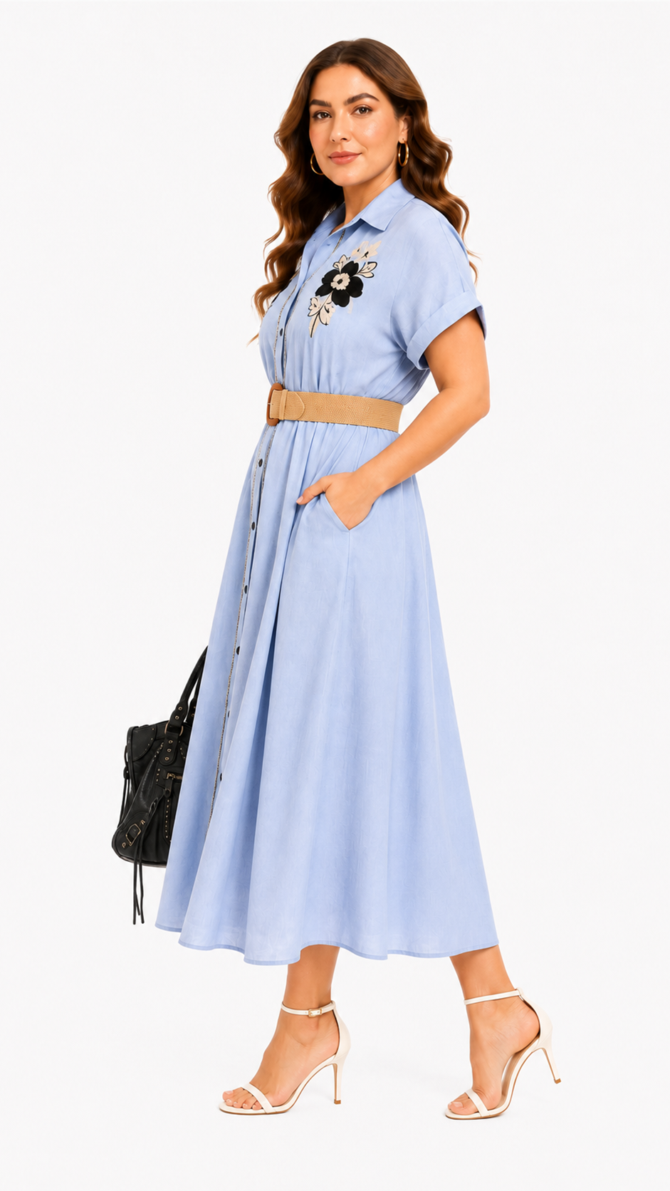 Side view of women's light blue striped woven midi dress with embroidery flower patch