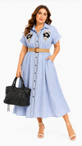 Women's light blue cord embroidery floral woven midi shirt dress with belt, front view model
