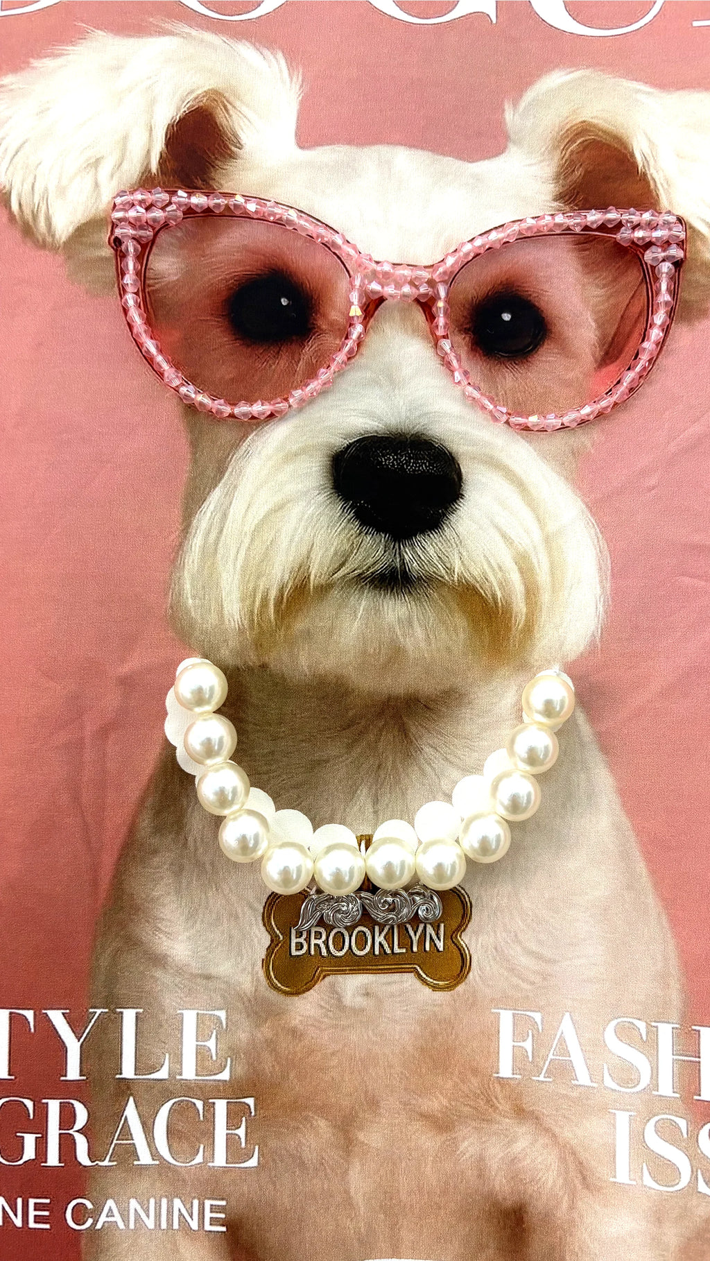 Close-up of rhinestone vintage poster puppy design showing poodle with pink sunglasses and pearl necklace