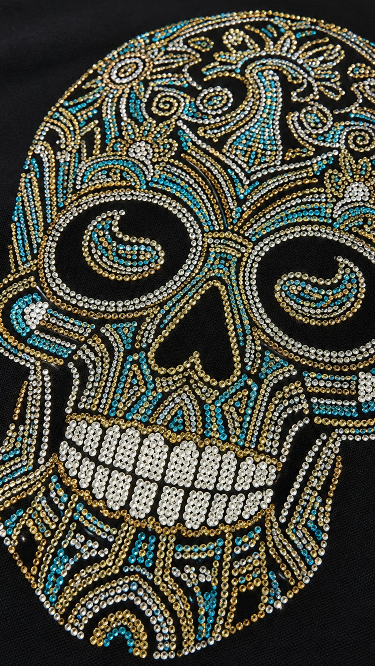 Close-up of rhinestone green sugar skull Day of the Dead design on black t-shirt showing crystal detail