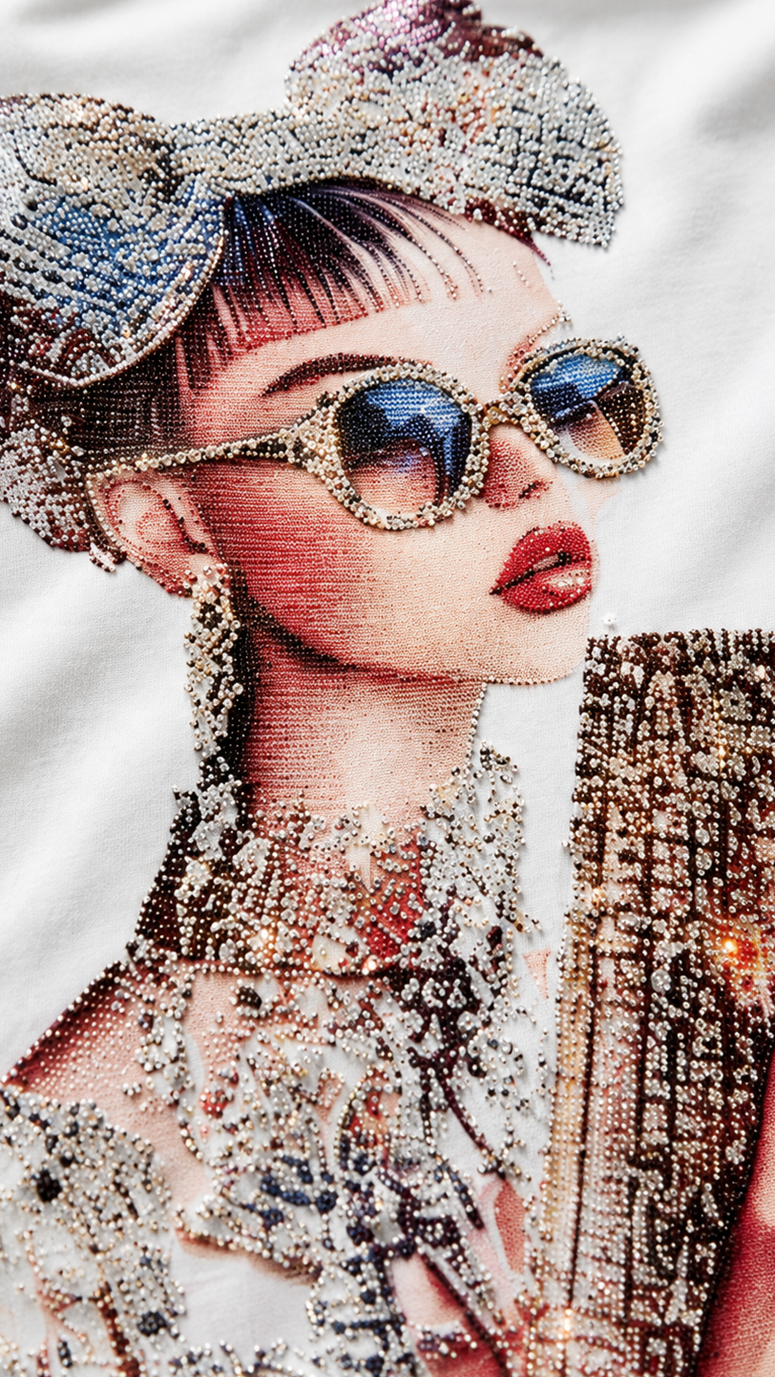 Close-up of rhinestone glamour portrait woman face with sunglasses on white t-shirt showing crystal detail
