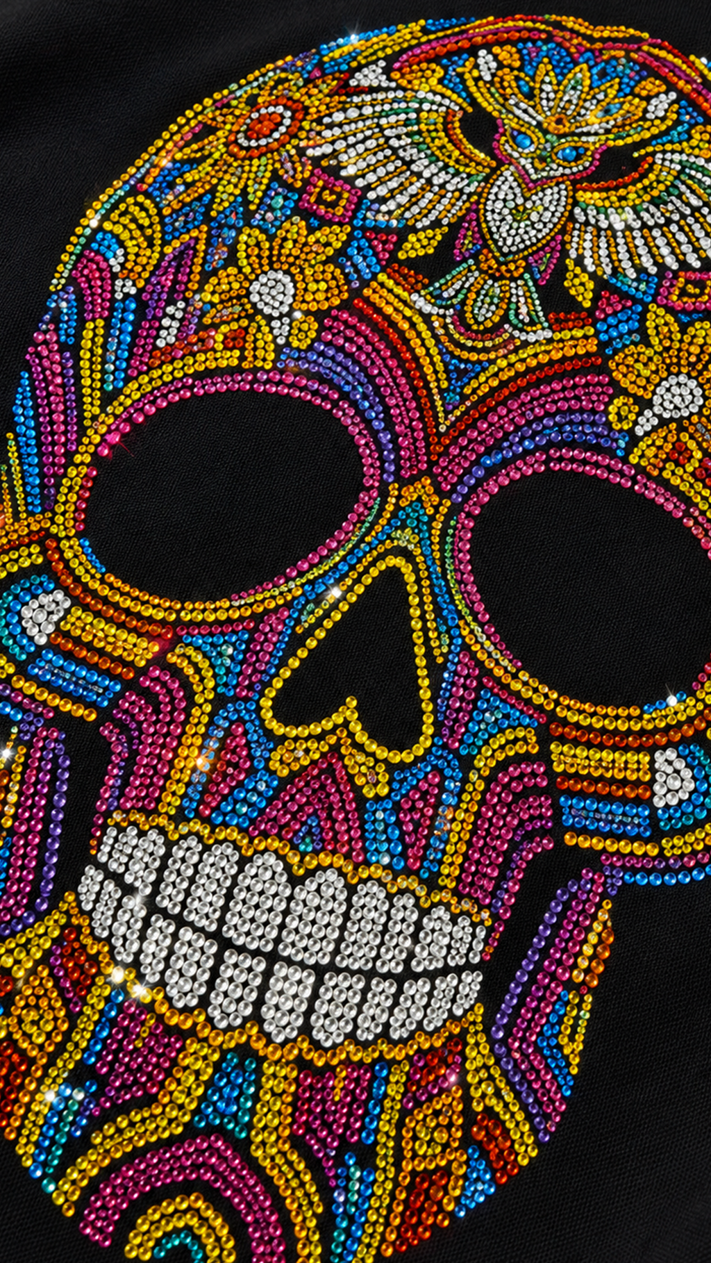 Close-up of ornate rhinestone sugar skull Day of the Dead design on black t-shirt showing crystal detail