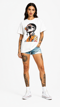 Women's rhinestone portrait t-shirt with sunglasses lady design, front view model